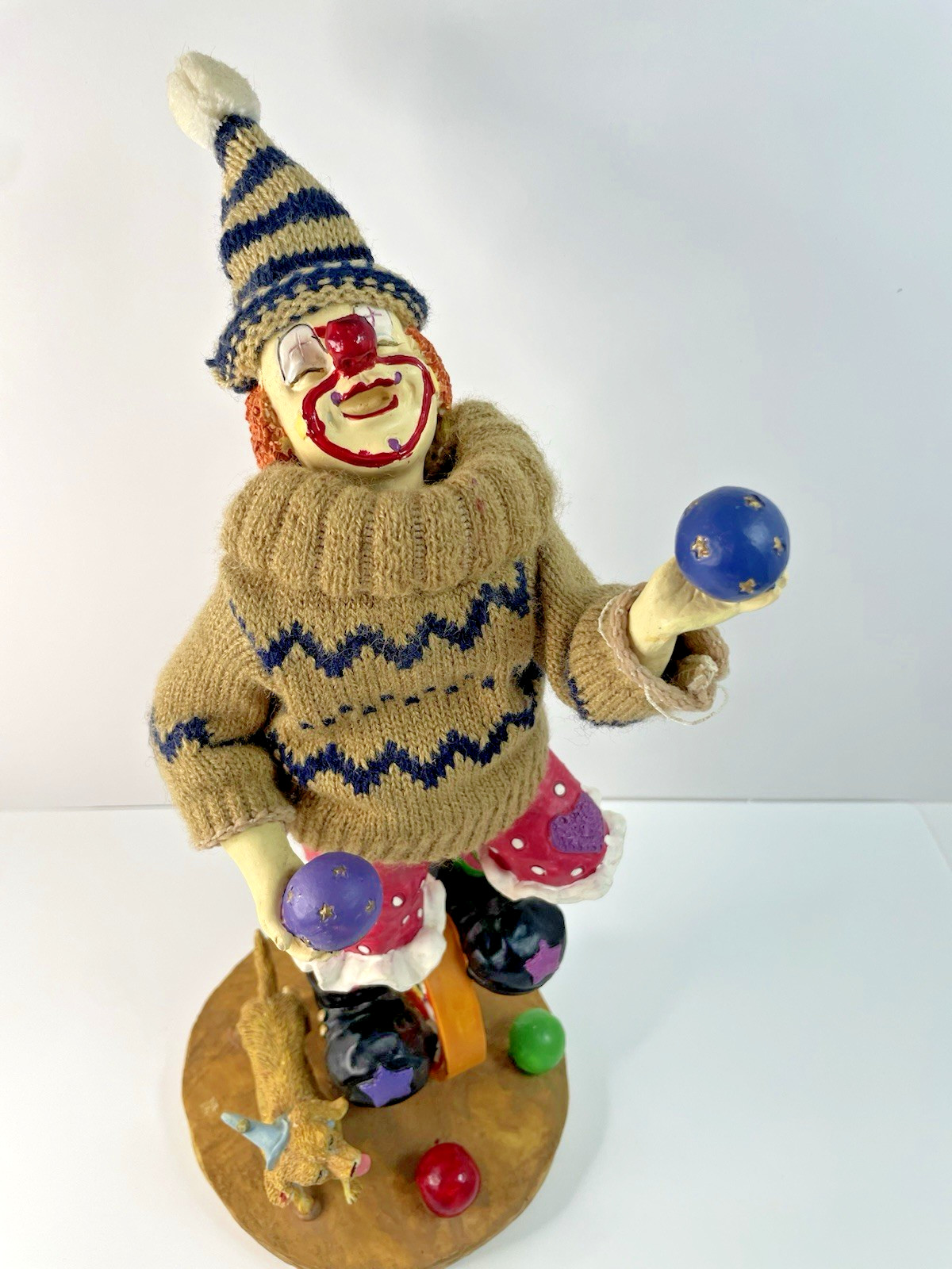 VTG Juggling Clown on Unicycle Figurine with Dog, Fabric Clothes, Signed L’s 12”