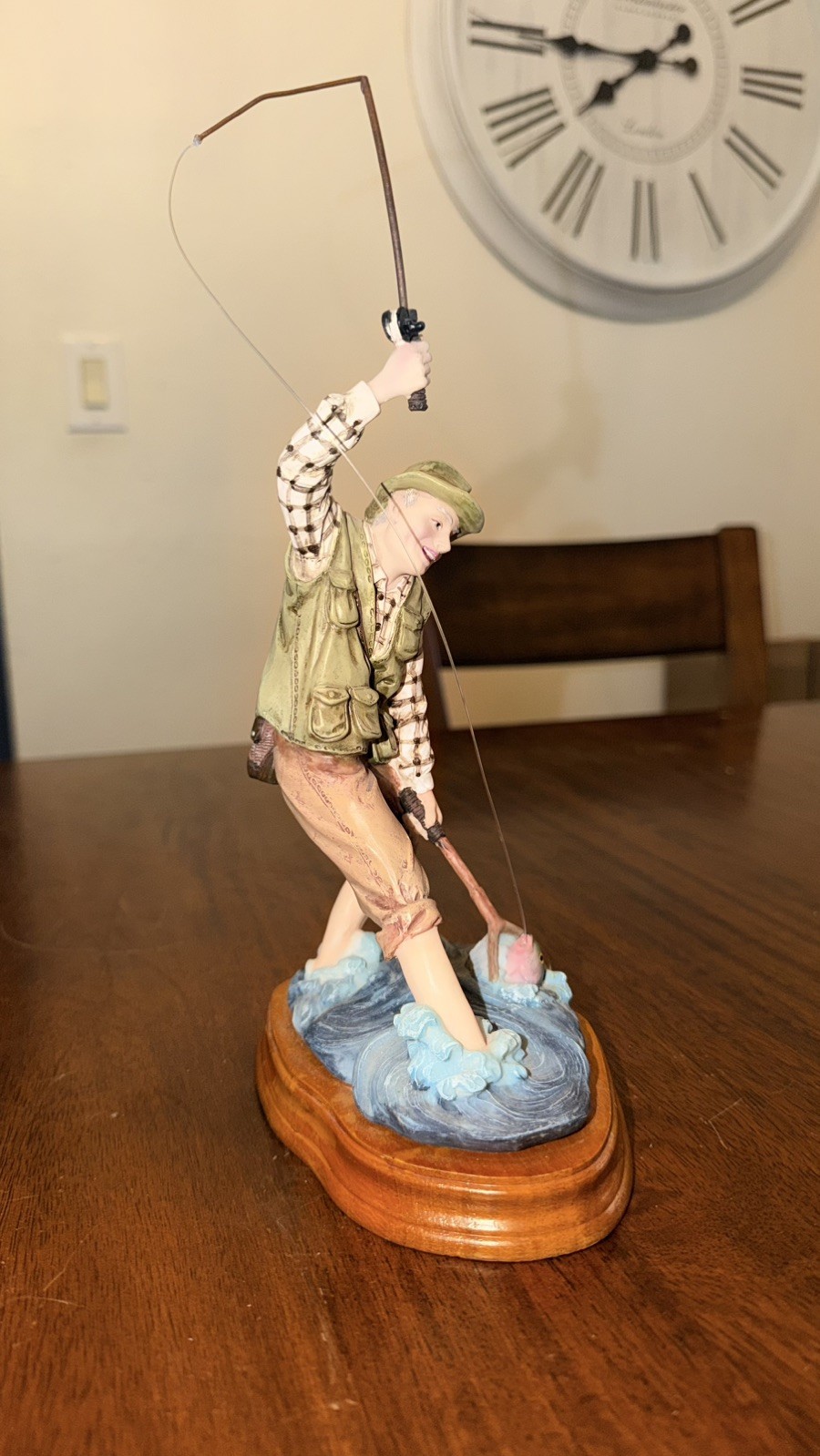 Vintage Fisherman Figurine Fly Fishing Man Standing in Water Wood Base