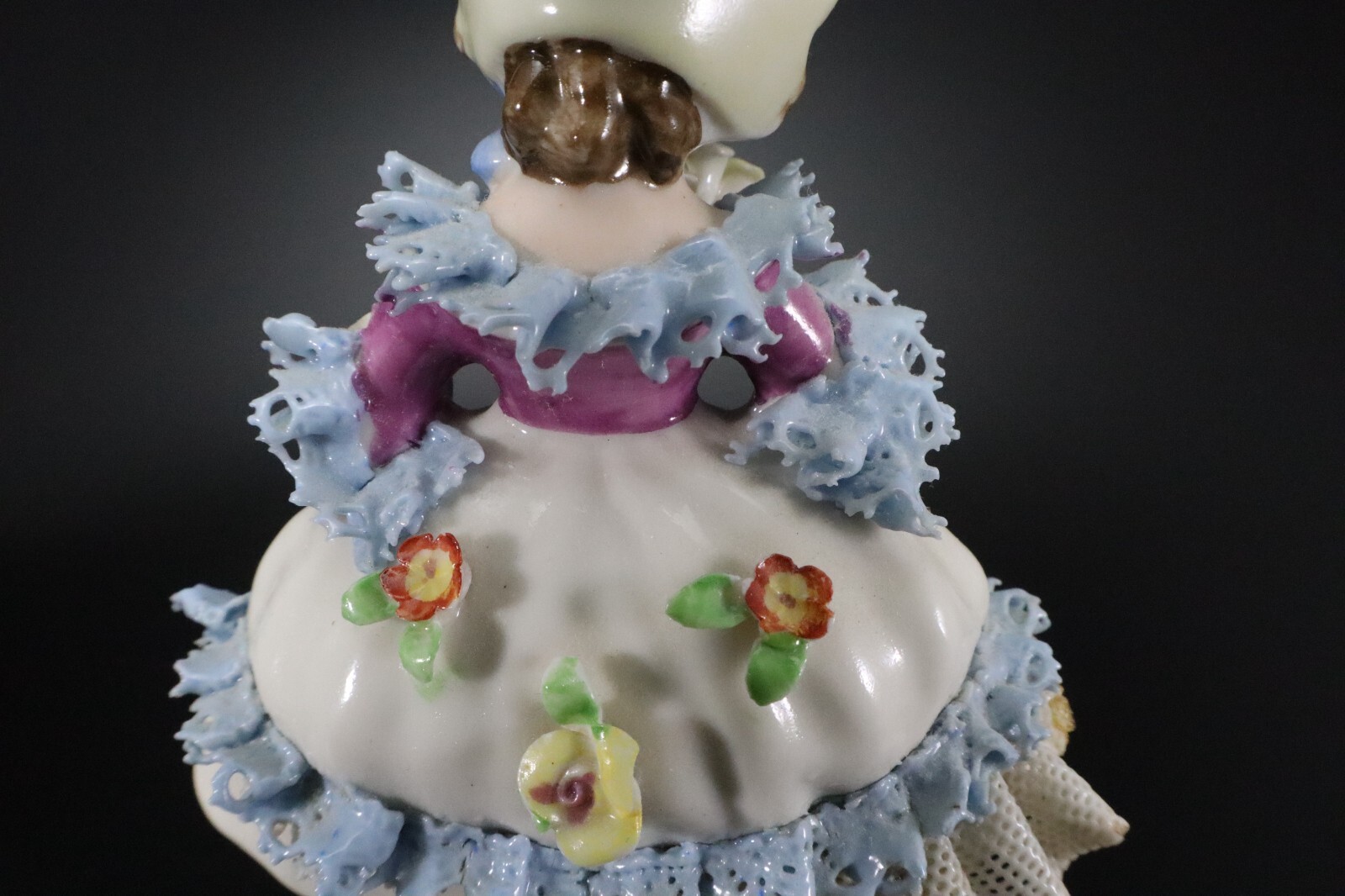 Dresden GIRL in BONNET Porcelain Lace FIGURINE #6 Flowers Germany
