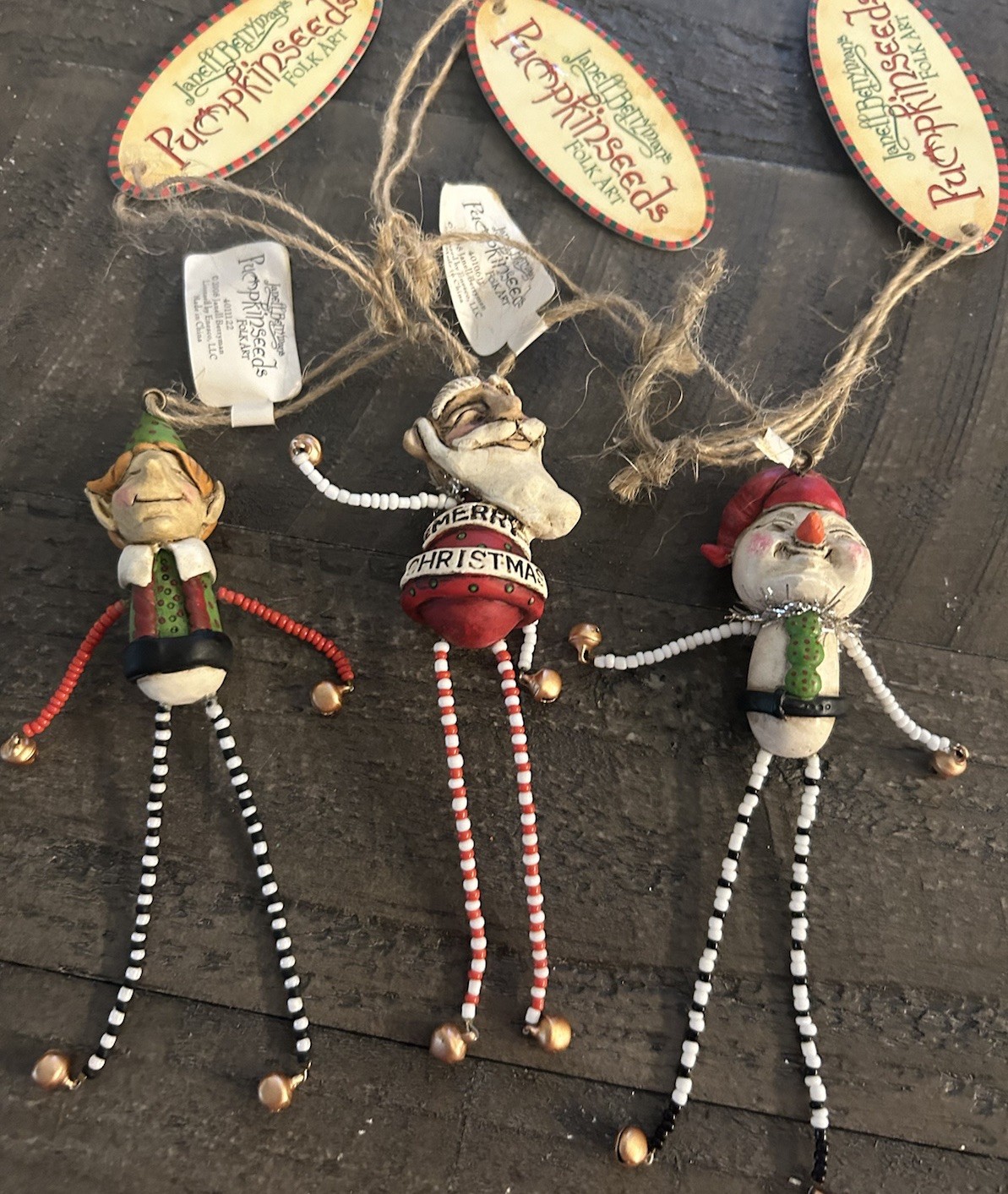 3 Pumpkinseeds Folk Art by Janell Berryman Ornaments Santa Elf Snowman Enesco