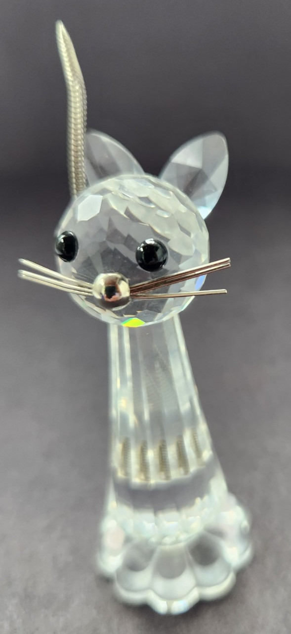 Swarovski Crystal Cat Figurine-Faceted Crystal-Metal tail & whiskers-beaded eyes