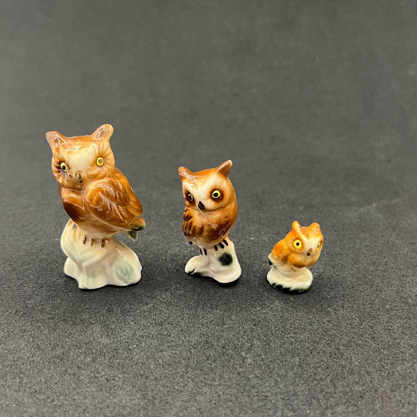 MCM Ardell Japan Bone China Miniature Owl Family Figurine Trio Set Foil