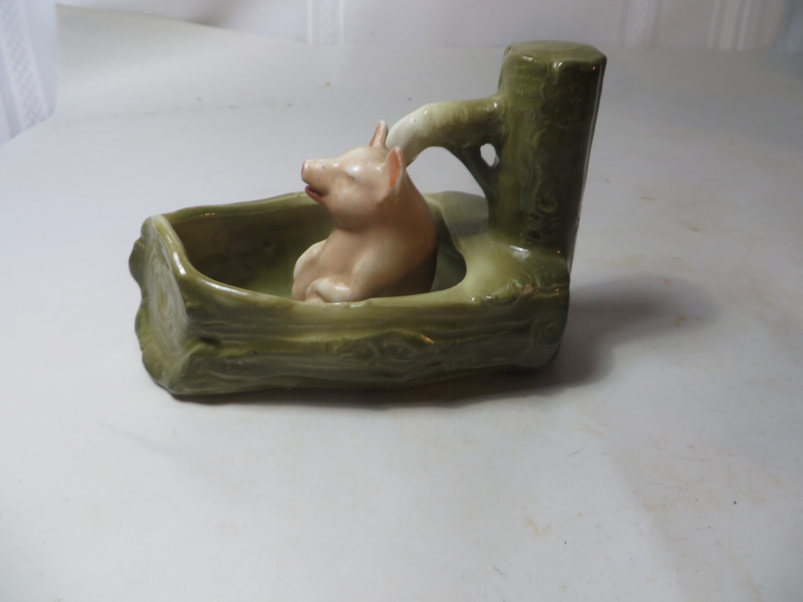 RARE ANTIQUE GERMAN PIG FAIRING PIG TAKING A BATH IN A LOG TUB