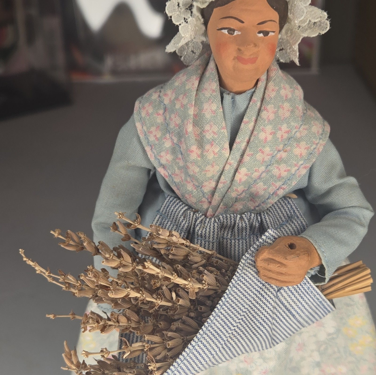 Hand Painted Fabric Woman Figurine Floral Dress Multicolor Wood Base