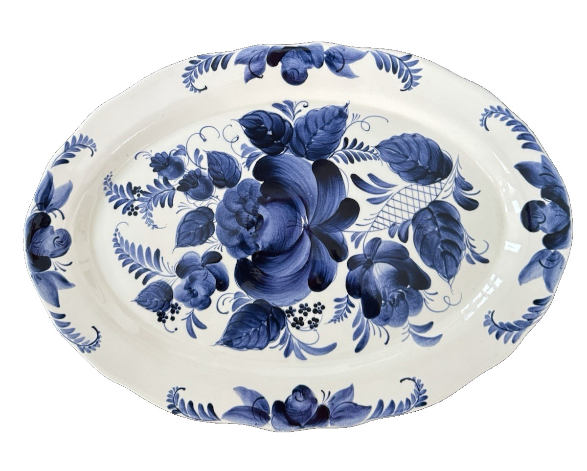 Turov Hand painted Signed Platter Oval Blue & White Floral 15.5″ x 10.5″