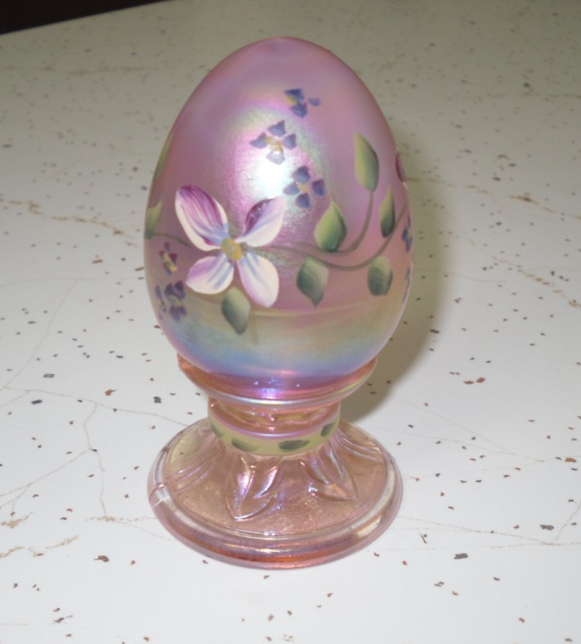 Fenton Hand Painted Iridescent Lavender Glass Egg Floral Design Signed by S Hart