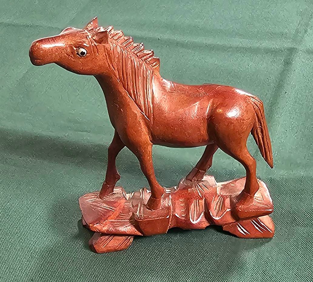 Chinese Carved Wood Horse Glass Eyes Minature Asian Art Figurine 3.5 In Vintage