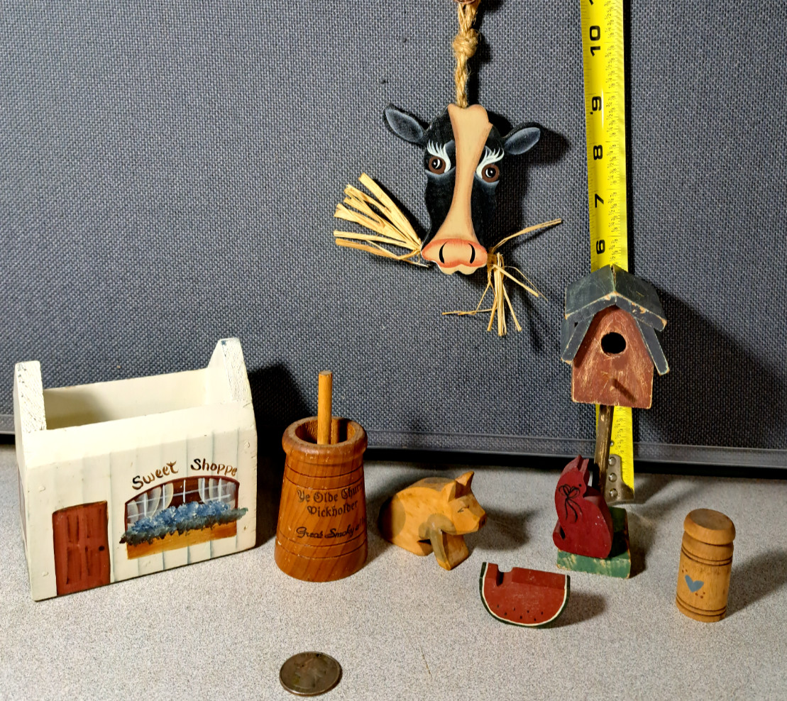 Vintage Wood Craft Lot Cow, Pig, Milk Jug, Butter Churn, Cat & More #3752L91