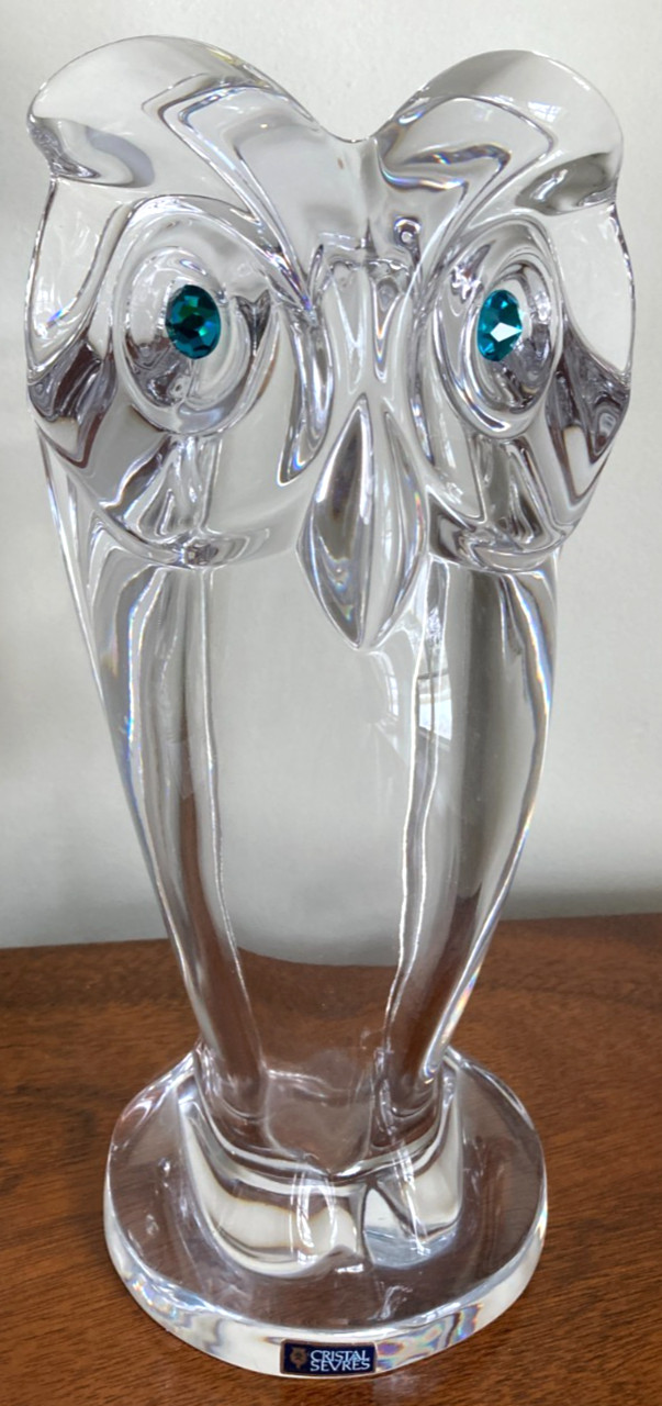 Vintage Cristal de Sèvres Large-Sized Owl Sculpture With Turquoise Eyes – 12″T