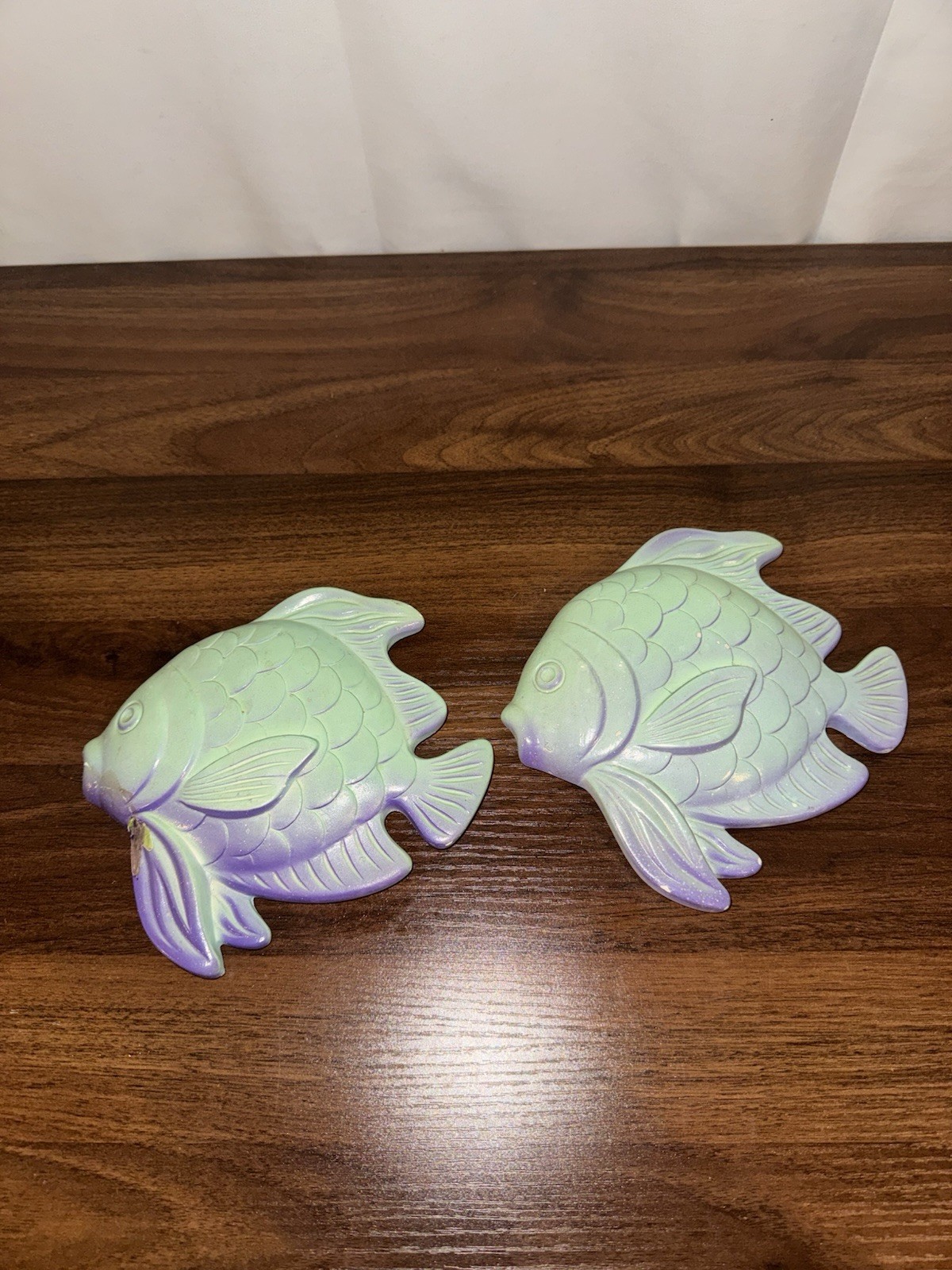 Vintage Miller Studios 1978 Fish Chalkware Set Of 2 Bright Teel Green & Purple