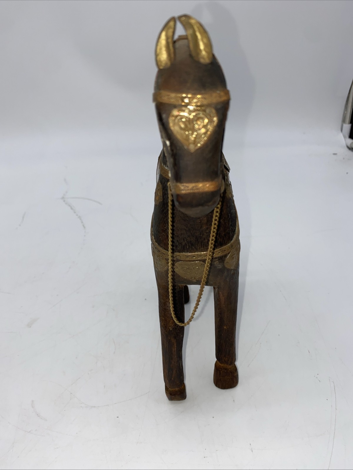 Vintage Wood Horse Hand Carved with Ornate Brass And Copper Accents 8”