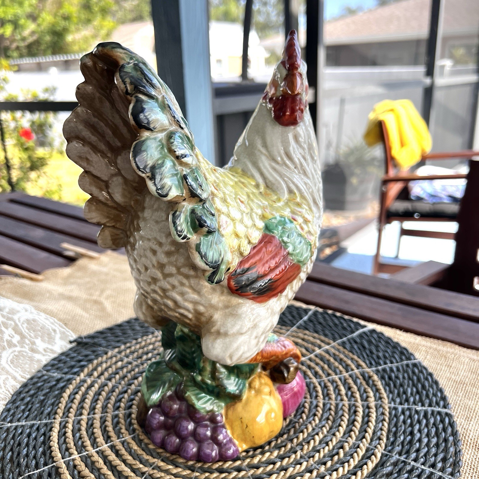 Ceramic Hen Figurine Green Feathers W/ Grapes Fruit 11′ 1950’s Chicken