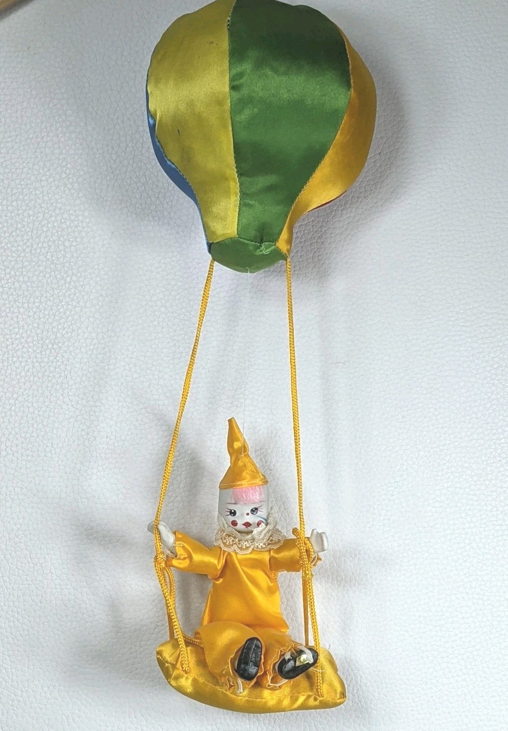 Bisque Hanging Clown Doll Rainbow Hot Air Balloon Poseable Arms Yellow Satin Vtg