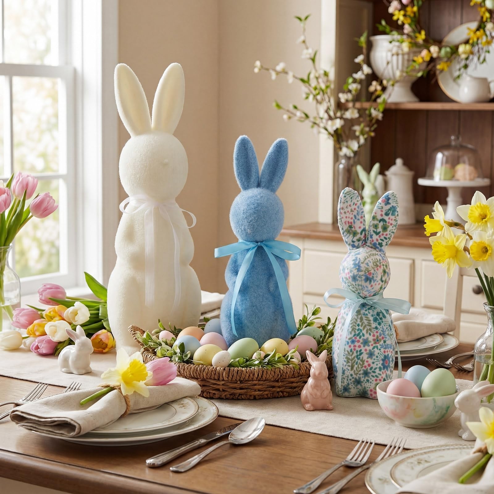 Flocked Bunny Easter Decorations 9/10/13 Inch Rabbit Statue Spring Decor 3 PCS
