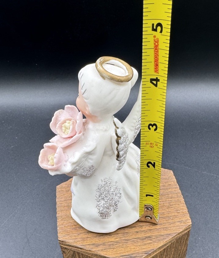Vintage Lefton Porcelain August Birthday Angel Pink Flowers Gold Trim Figurine