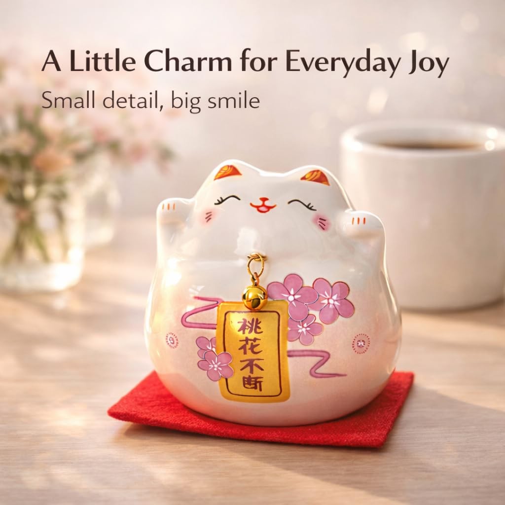 kcrygogo Pink Maneki Neko Lucky Cat – Japanese Ceramic Fortune Cat Figurine f…