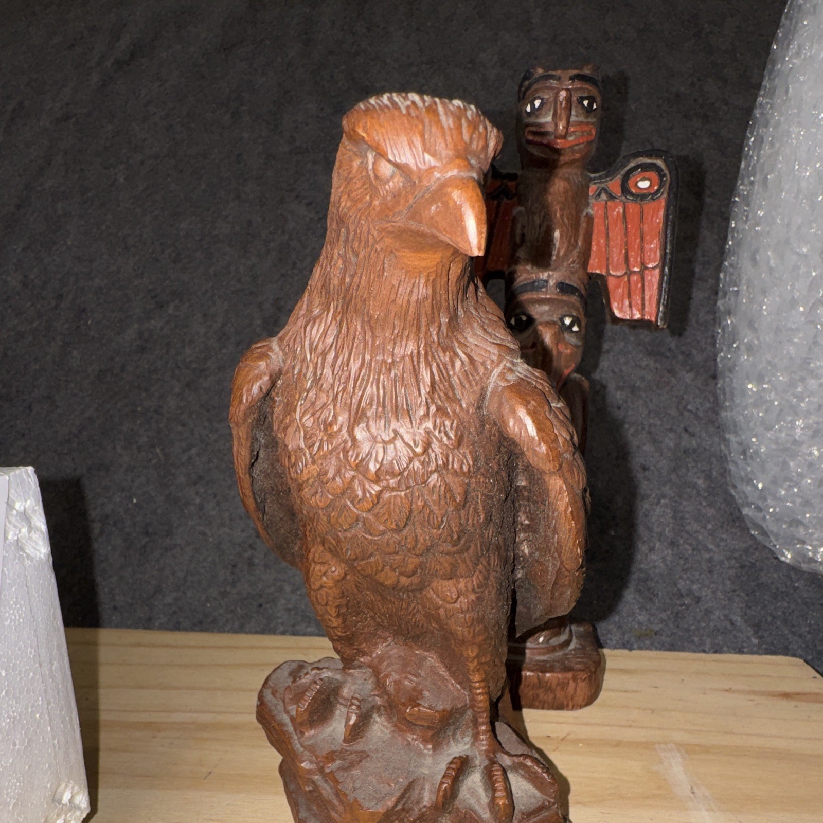 Carved Wood Eagle & Totem Pole Figurines Lot of 2 Brown Red Black