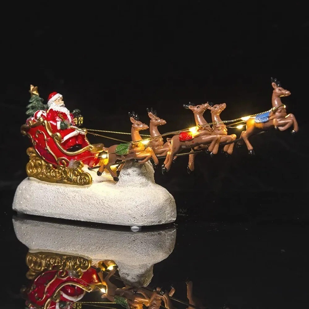 Christmas Village Decoration Santa Sleigh & Reindeer Collectible Figurine