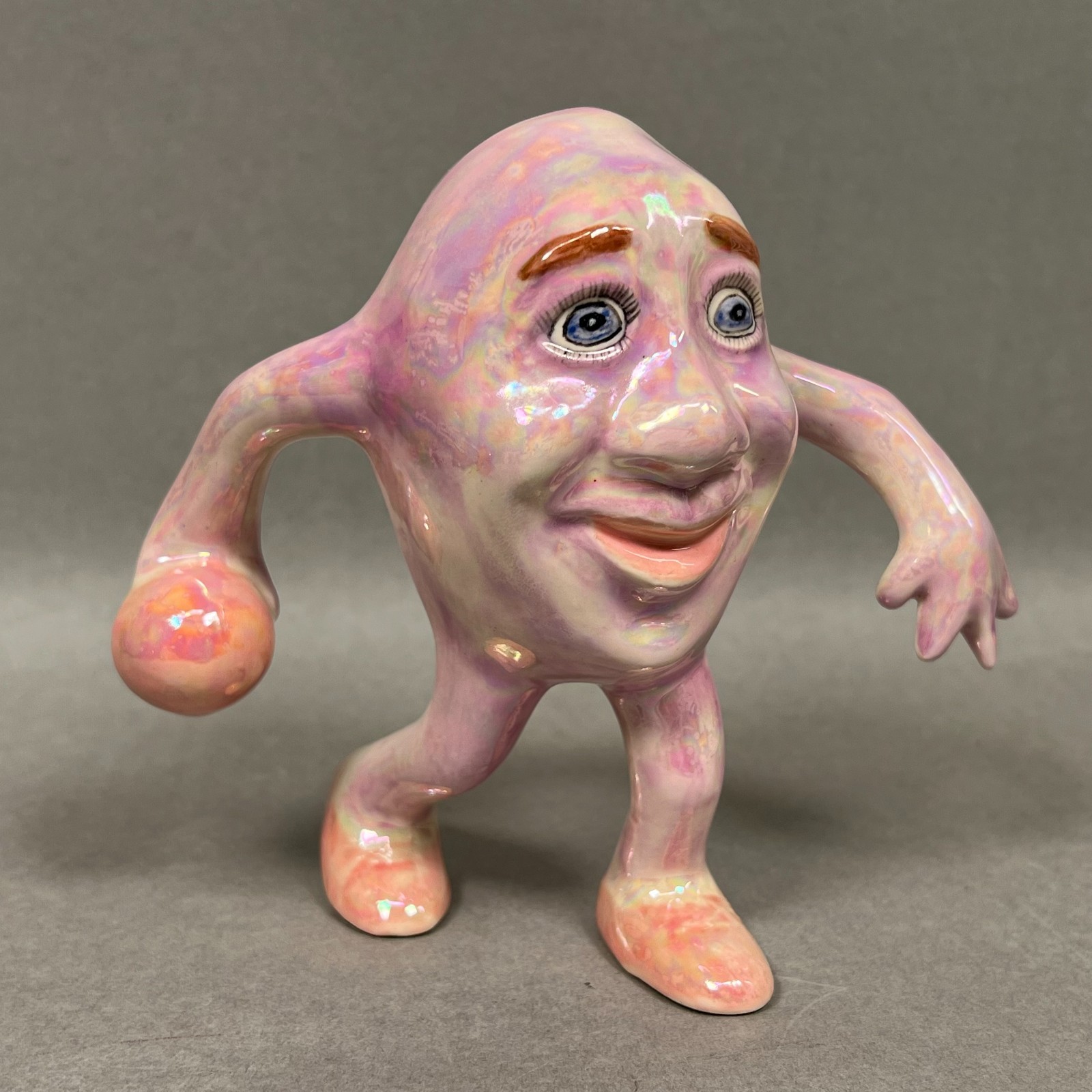 WEIRD Handmade Ceramic Bowling Raisin Face Creature Iridescent Pink 1997 5.5″