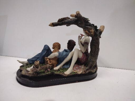 Giovanni Collection Sculpture. Lady And Man With Dog At Picnic Nesting Birds.