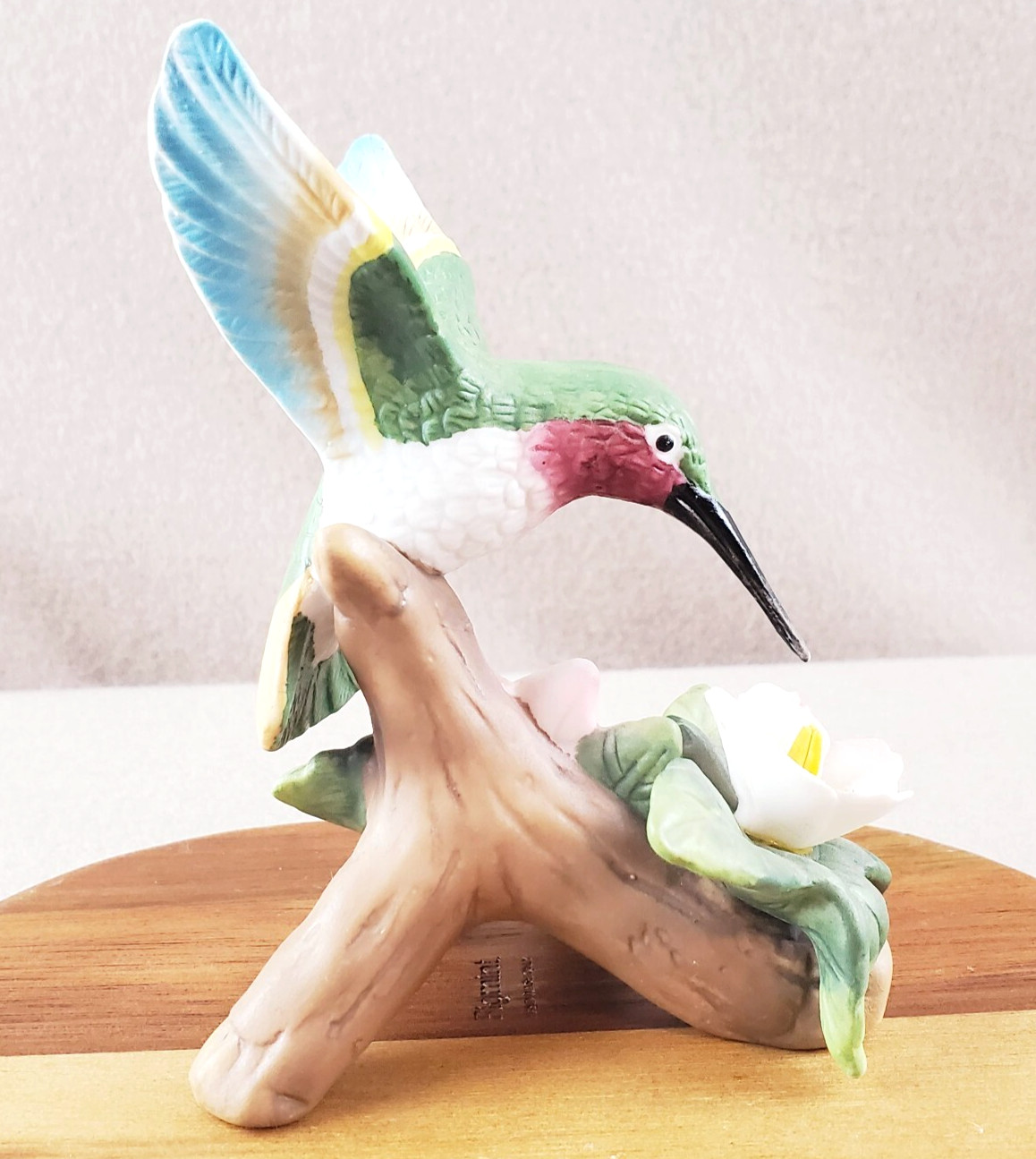 Vintage Hummingbird Figurine w/Pink Flower on Tree Branch Porcelain 4″ Tall