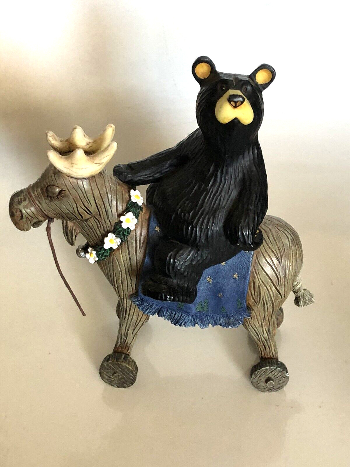 RARE Big Sky Carvers Jeff Fleming Black Bear riding toy horse / moose daisies