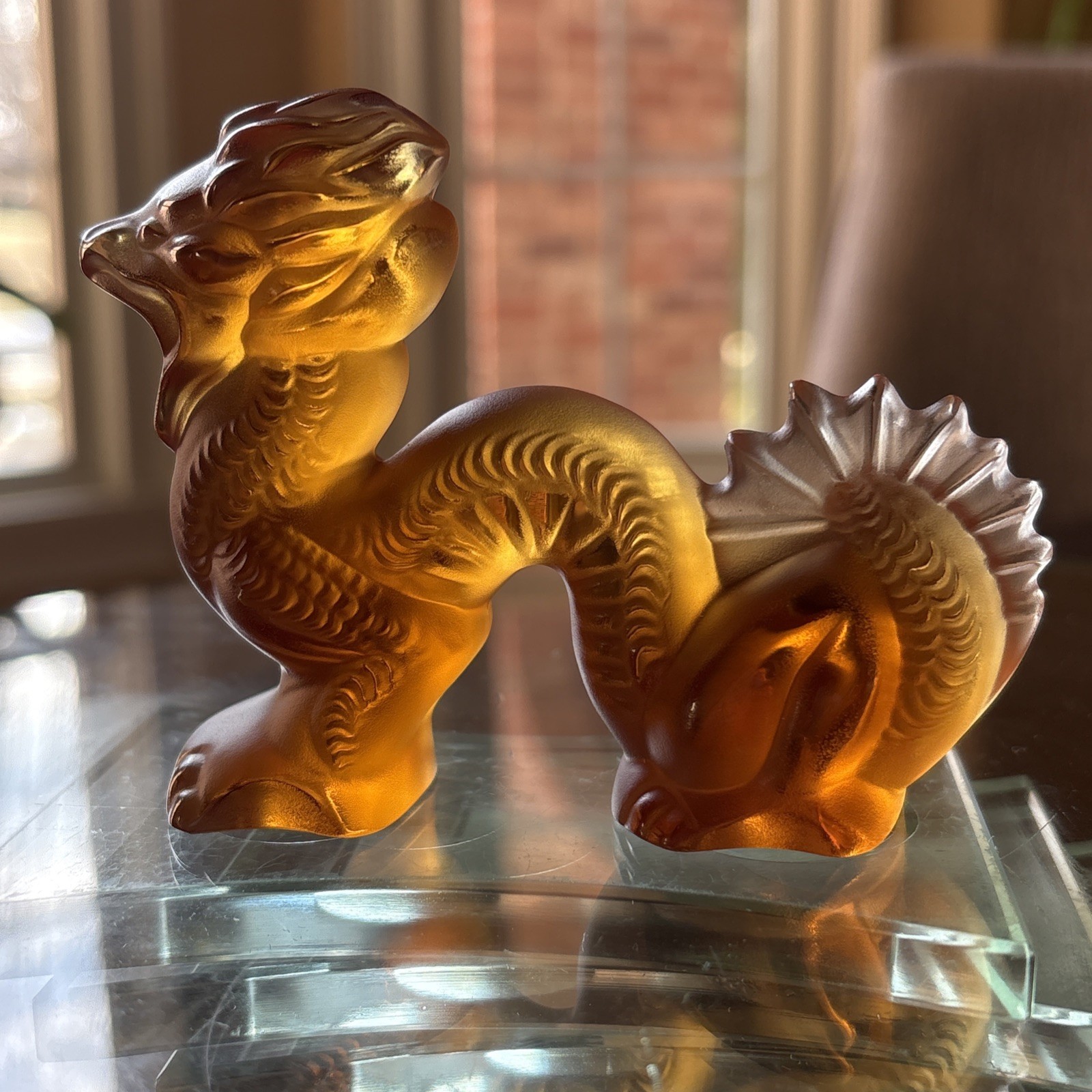 Lalique Frosted Amber Crystal Dragon Figurine 4″ L -MINT