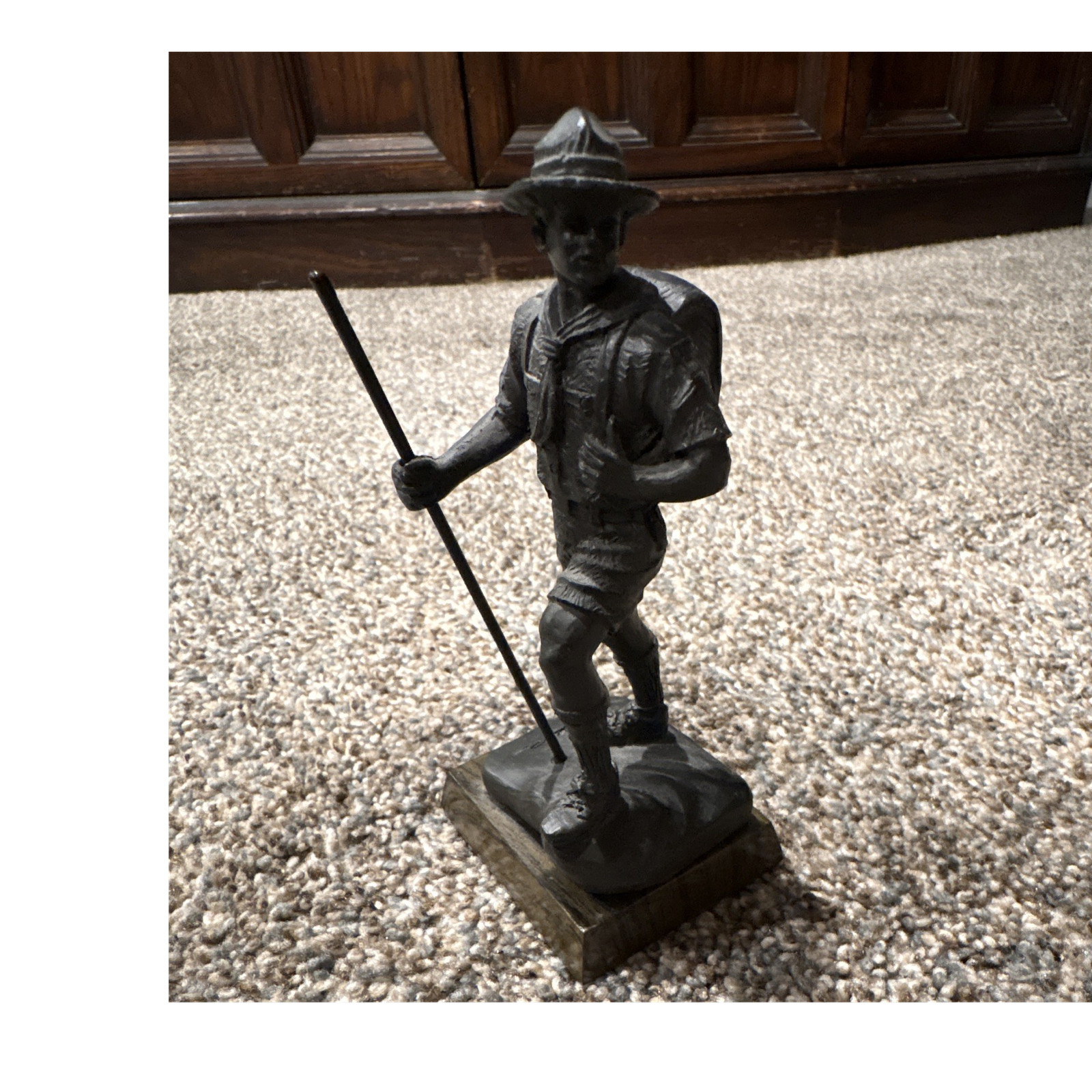 SymbolArts Hiker Figurine Metal Black Matte American Style with Wooden Base