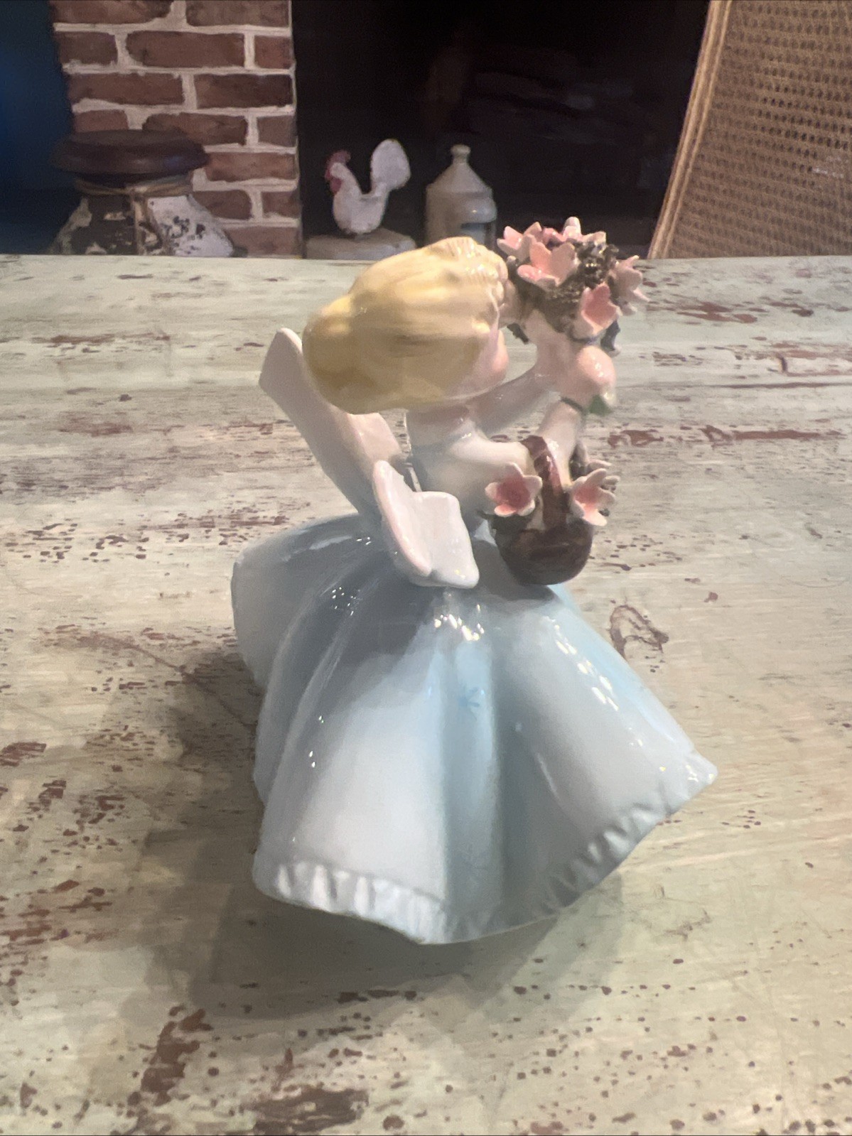 Vintage LEFTON’S JAPAN BLOND GIRL w/ FLOWER BASKET & BOUQUET, Blue Gown, #1450B