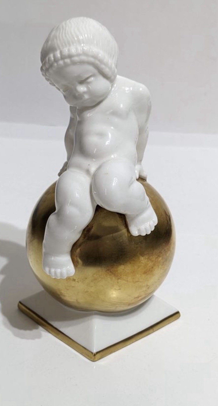 Antique Hutschenreuther Selb Bavaria Porcelain Child Angel on Gold Sphere