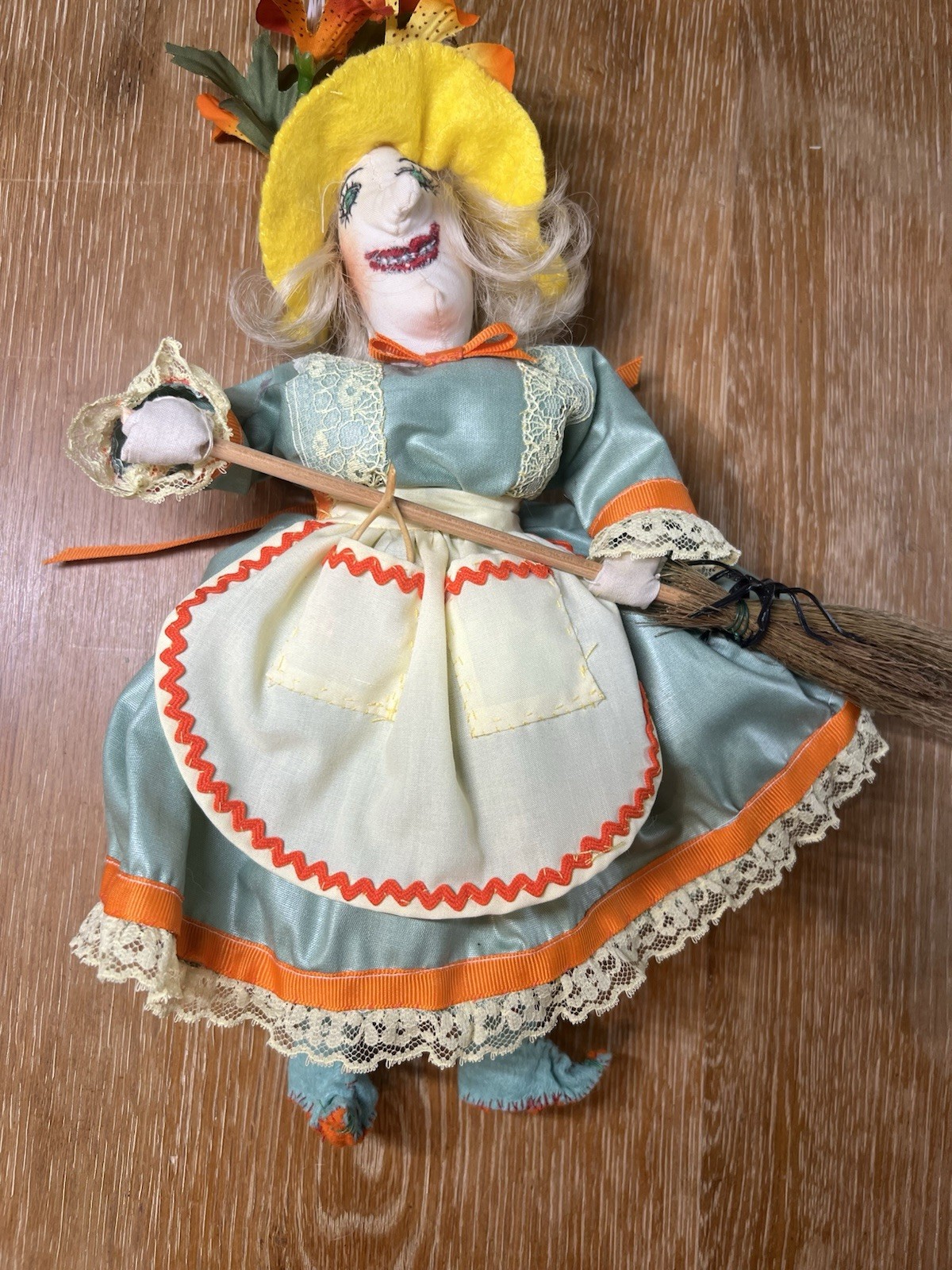 VTG Lucky Kitchen Witch Halloween Doll Figure Broom Hanging Folk Art Decor