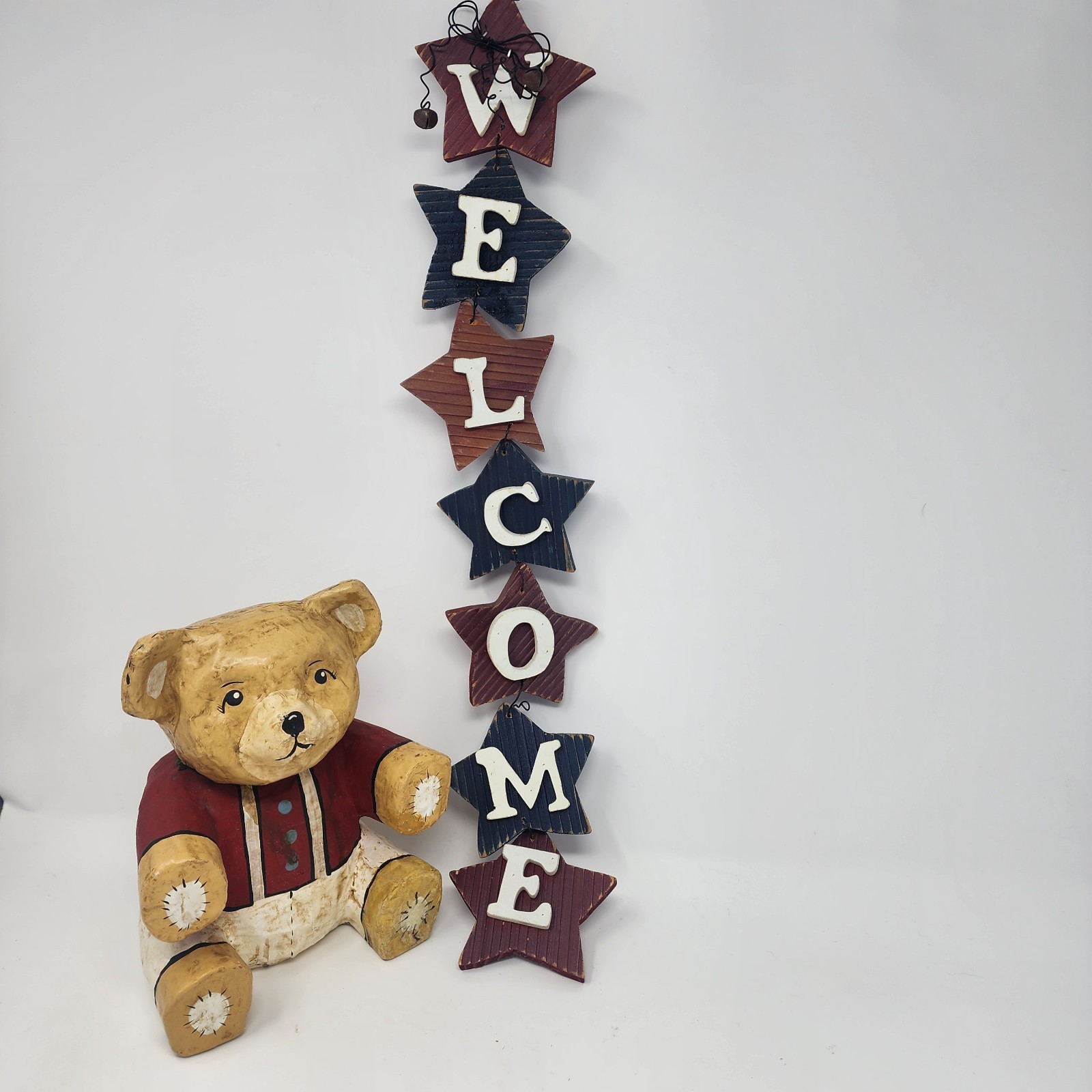 Lot 2 Patriotic Americana Tea Stained Paper Mache Soldier Bear Star Welcome Sign