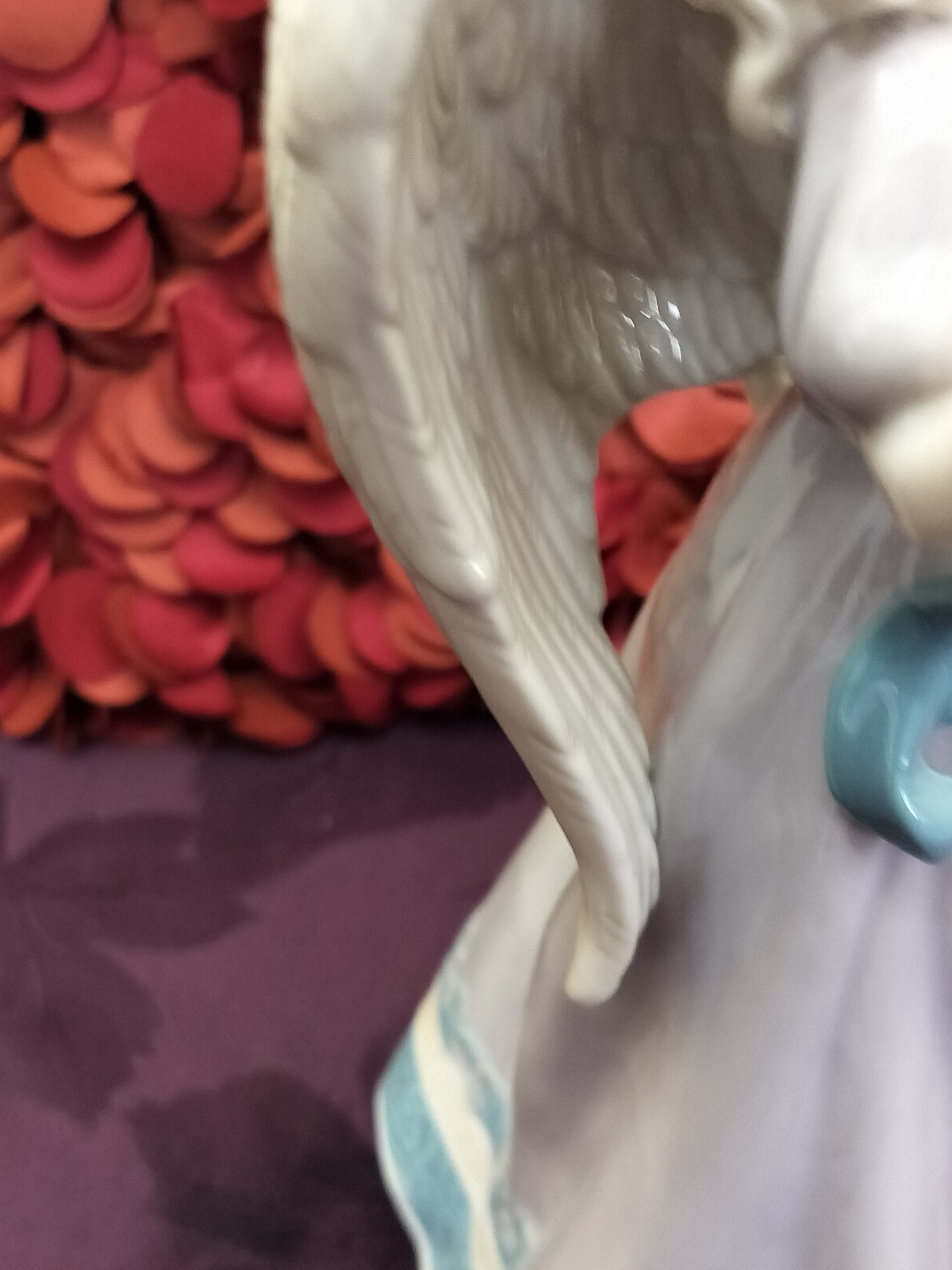 Angel W/ White Dove In Beautiful Lavender Dress. Porcelain 9-3/4 Inches Tall