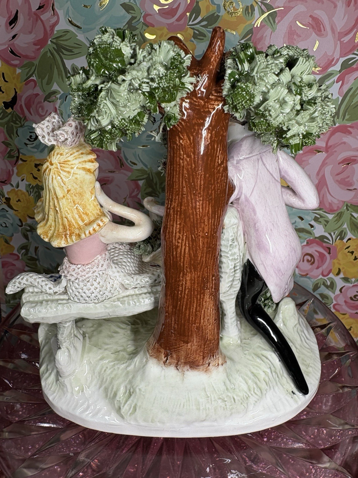 Vtg Large Wales Young Man Boy Courting Girl By Tree Dresden Lace Figurine Japan