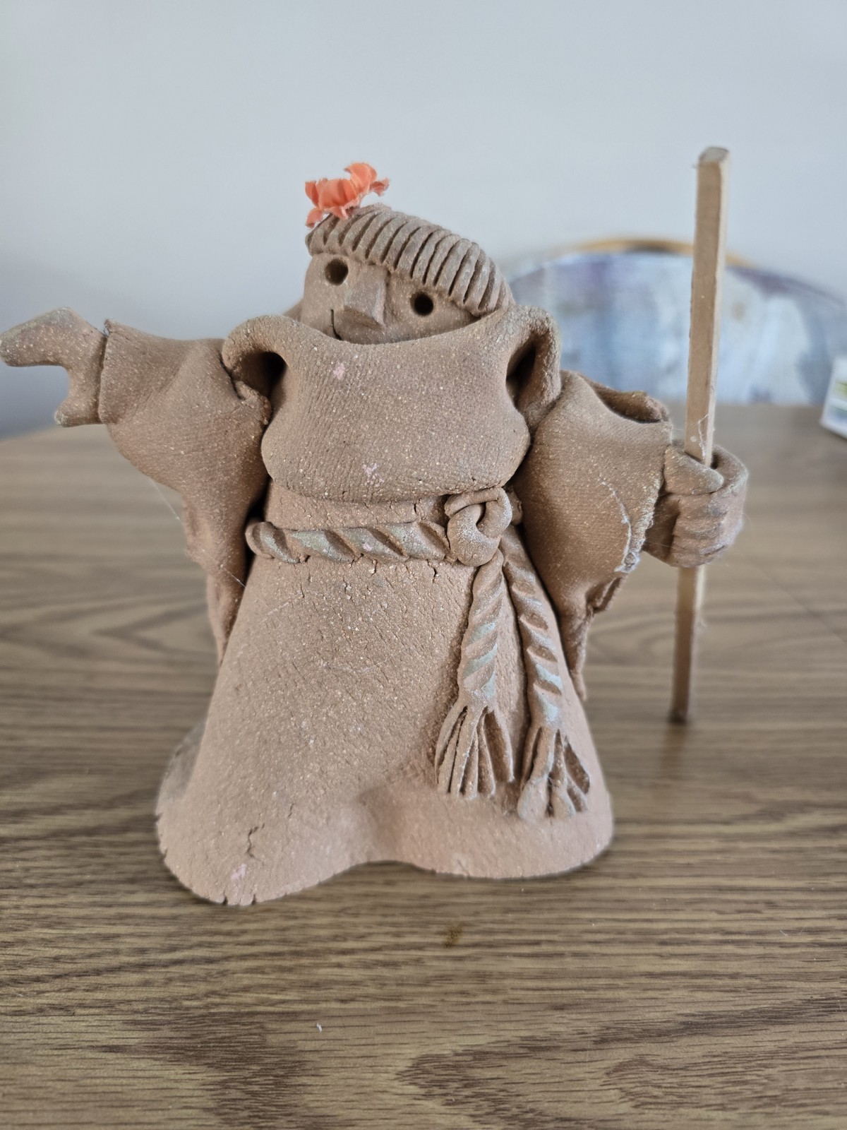Folk Art Monk Holding Staff, Terracotta/ Clay Pottery Figure, Handmade