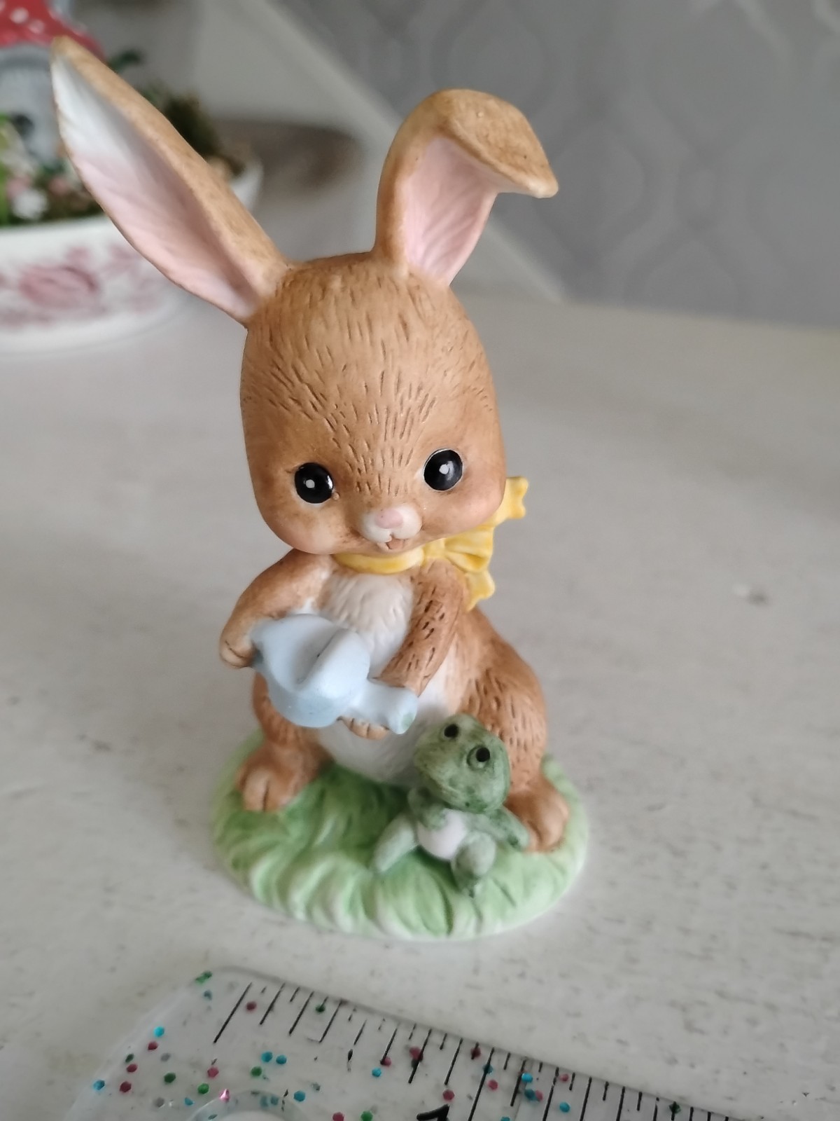 Vintage Lefton Hand Painted 3″ Bunny With Watering Can Figurine Porcelain 1986