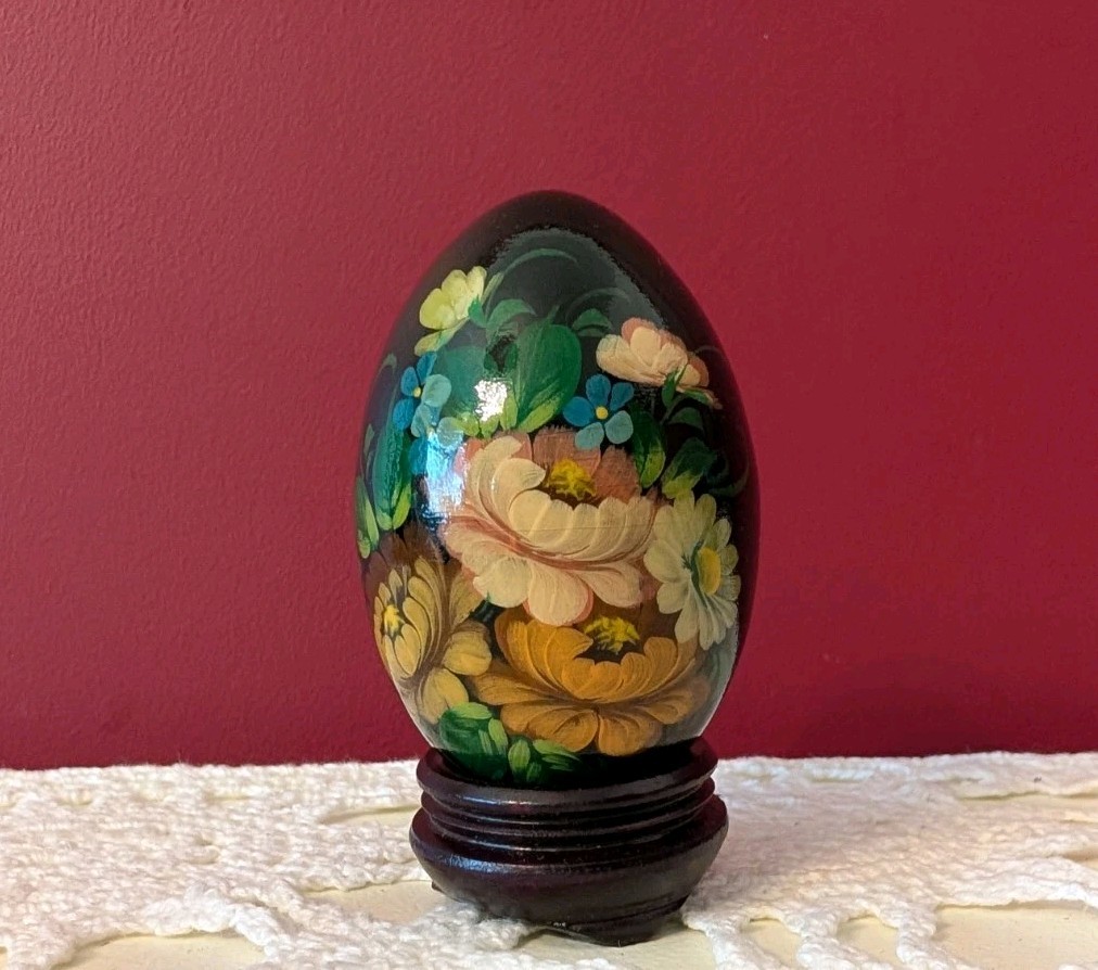 Vintage USSR Hand Painted Signed Laquered Egg Black Floral + Stand 3″