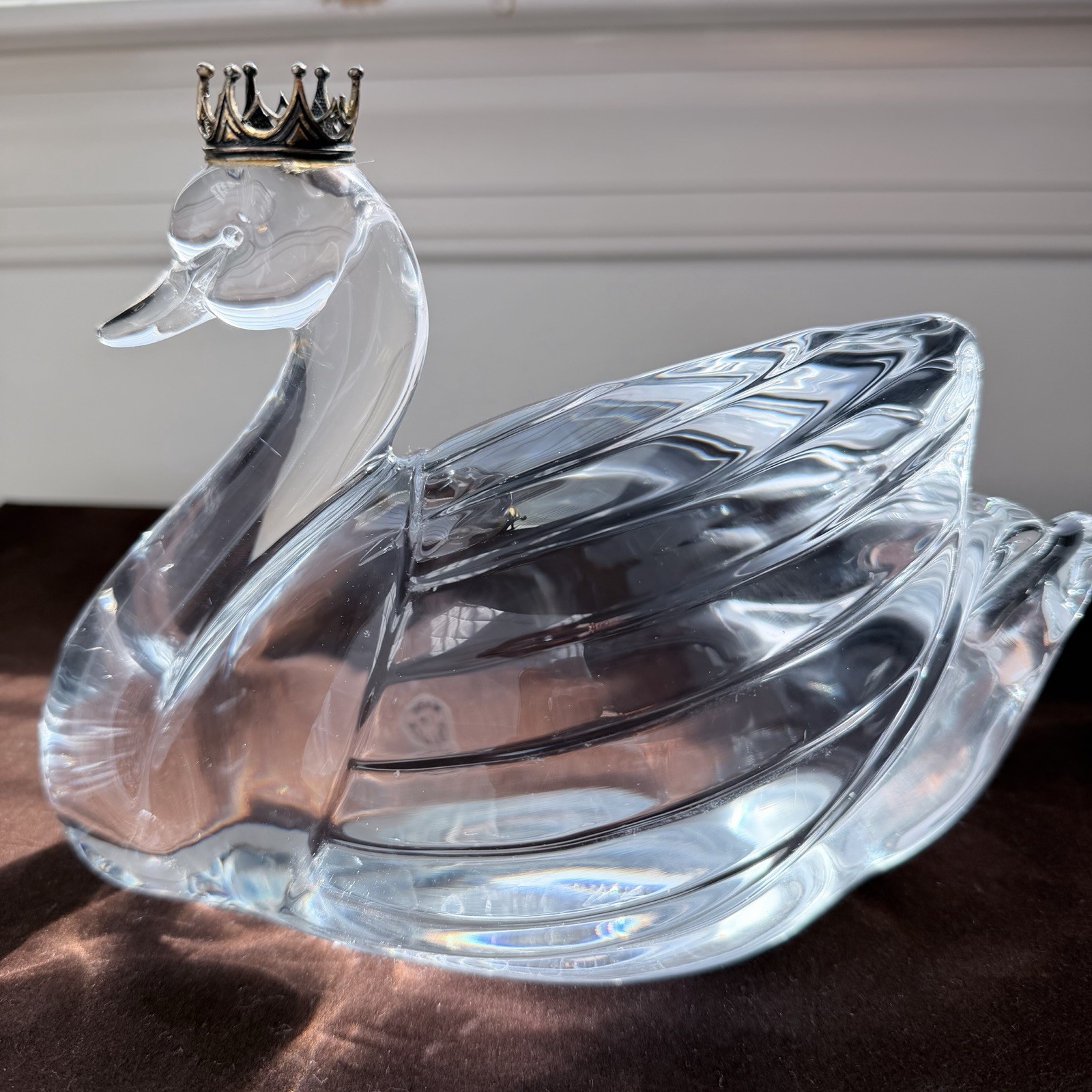 Lead Crystal Swan Figurine With Golden Crown Statue, Made in France