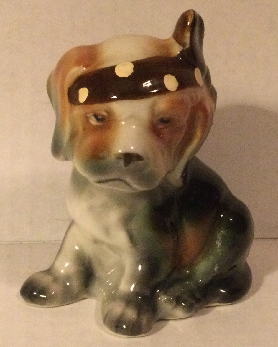 Vintage whisical Ceramic Dog Figurine with head scarf approx. 2.5″