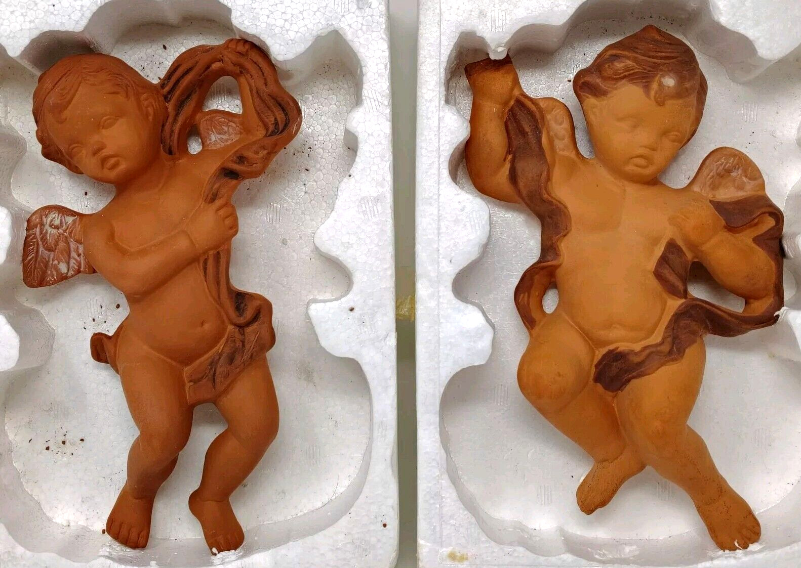 VTG Terracotta Cherub Angel Putti Wall Hanging Decor Sculpture 9.5″ NOS Set 2