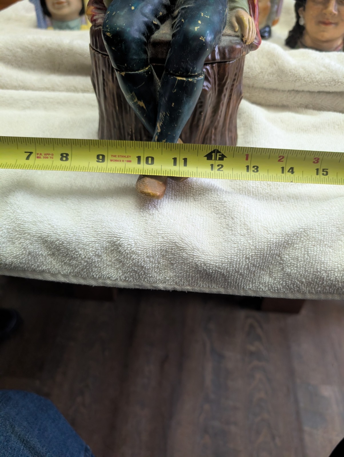 Hand Painted Tobacco jar, Large Multicolor Man Sitting on stump, 10.5 in Tall