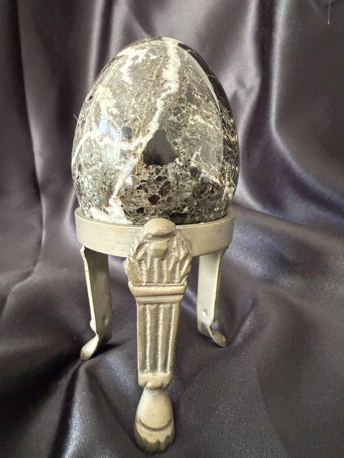 Large Vintage Stone Egg Sculpture on Metal Tripod Stand Mid Century Decor