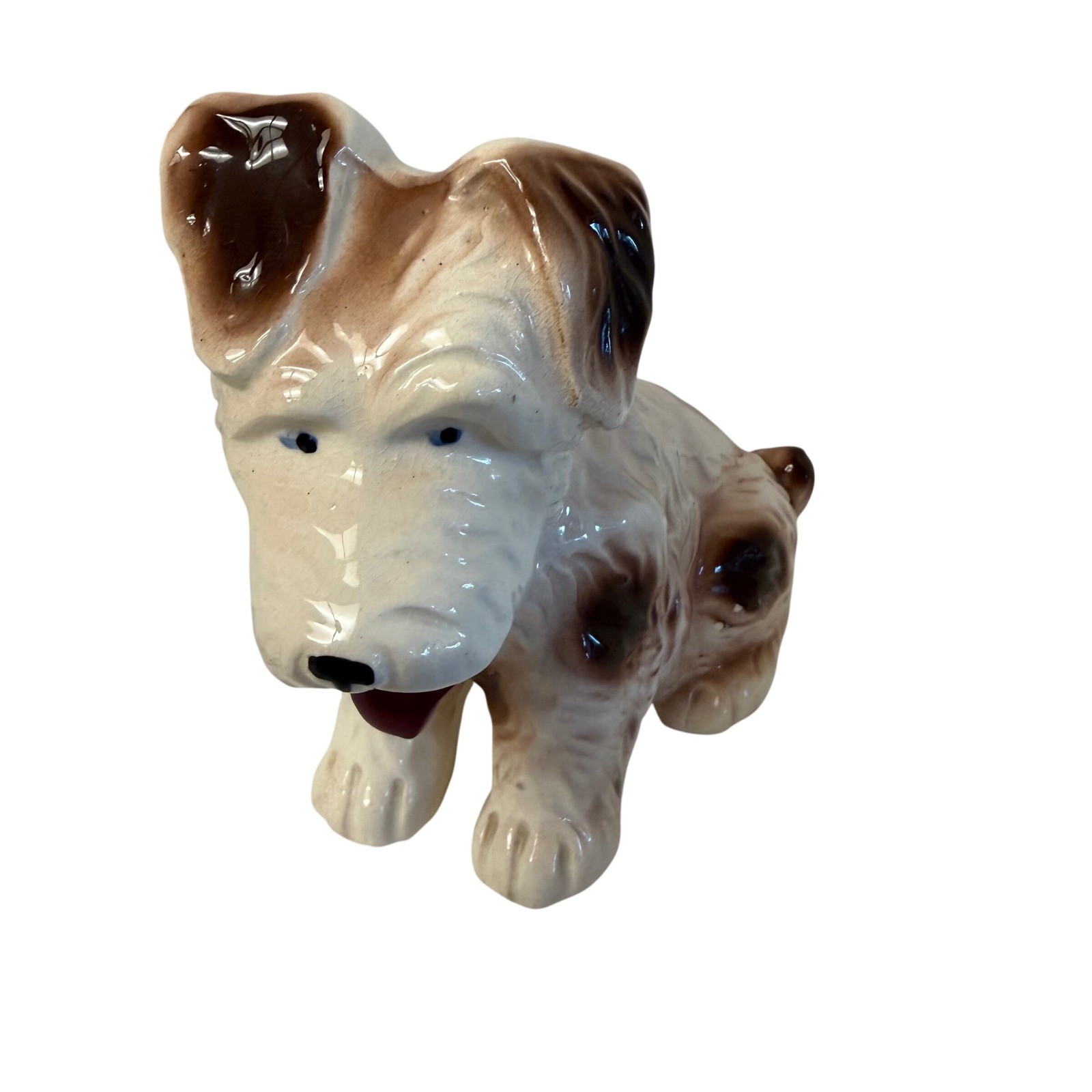Vintage Terrier Dog Figurine White Brown Made in Japan Ceramic Statue 7 1/2″