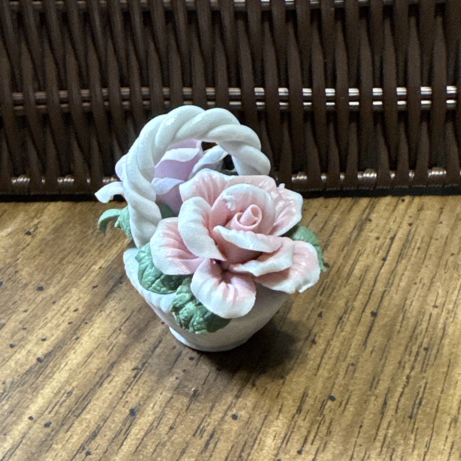 PORCELAIN BASKET OF FLOWERS matte finish 2.5″ x 2.5″ In perfect shape!