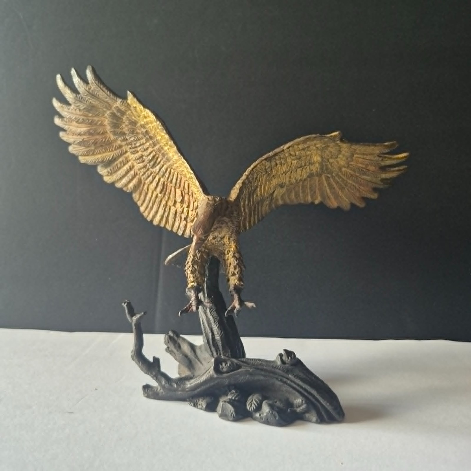 Solid Bronze Eagle Sculpture Hunting/Launching From Branch 8″ Heavy 3 lbs Patina