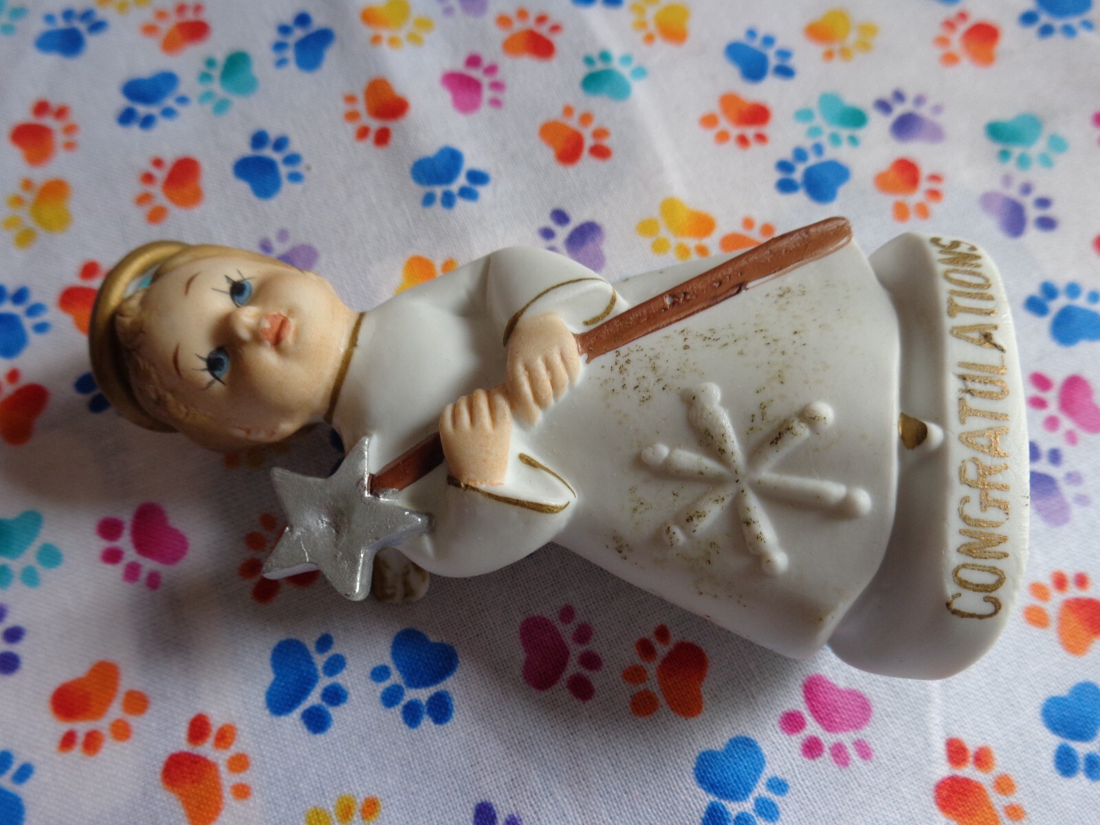 Vintage Angel Figurine CONGRATULATIONS Sanmyro Japan Bisque Porcelain Retro