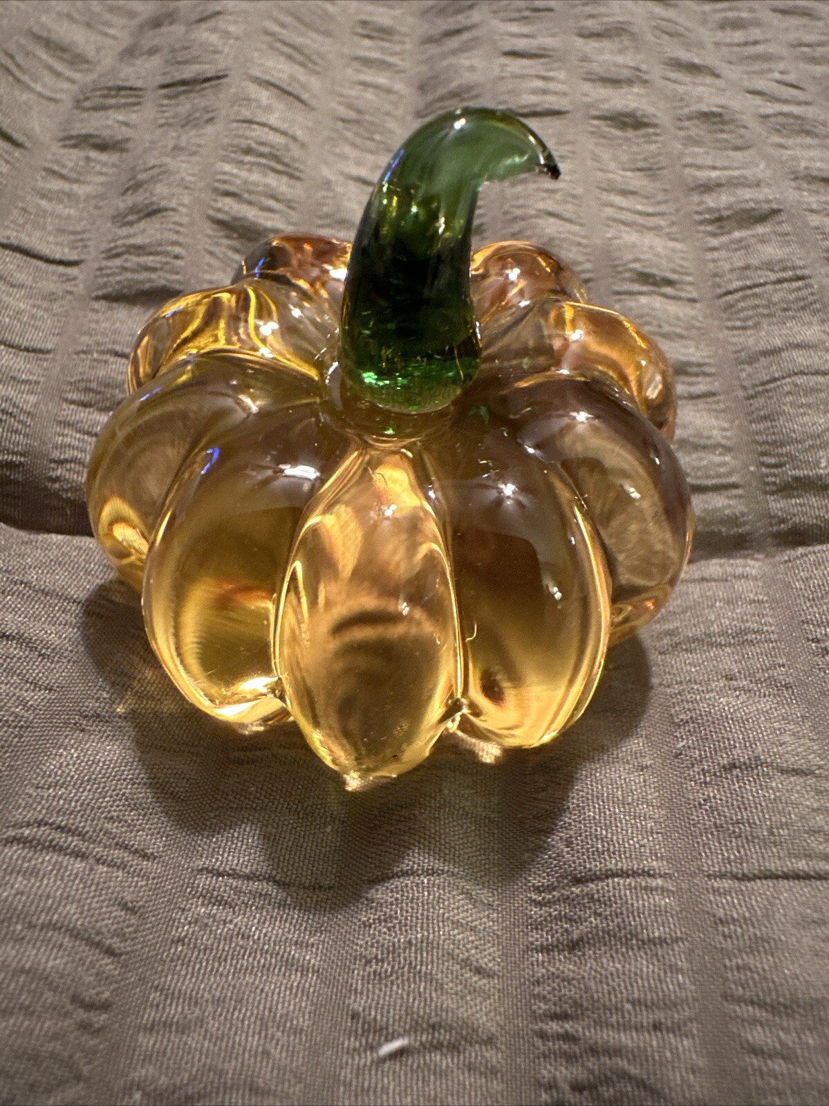 Orange Crafted Glass Pumpkin Figurine With Green Stem In Size 6”x2”x2”