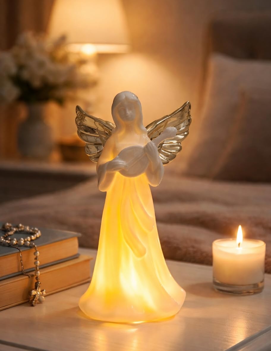 Christian Angel Night Light Porcelain Figurine Warm LED Bedside 7 Inch H
