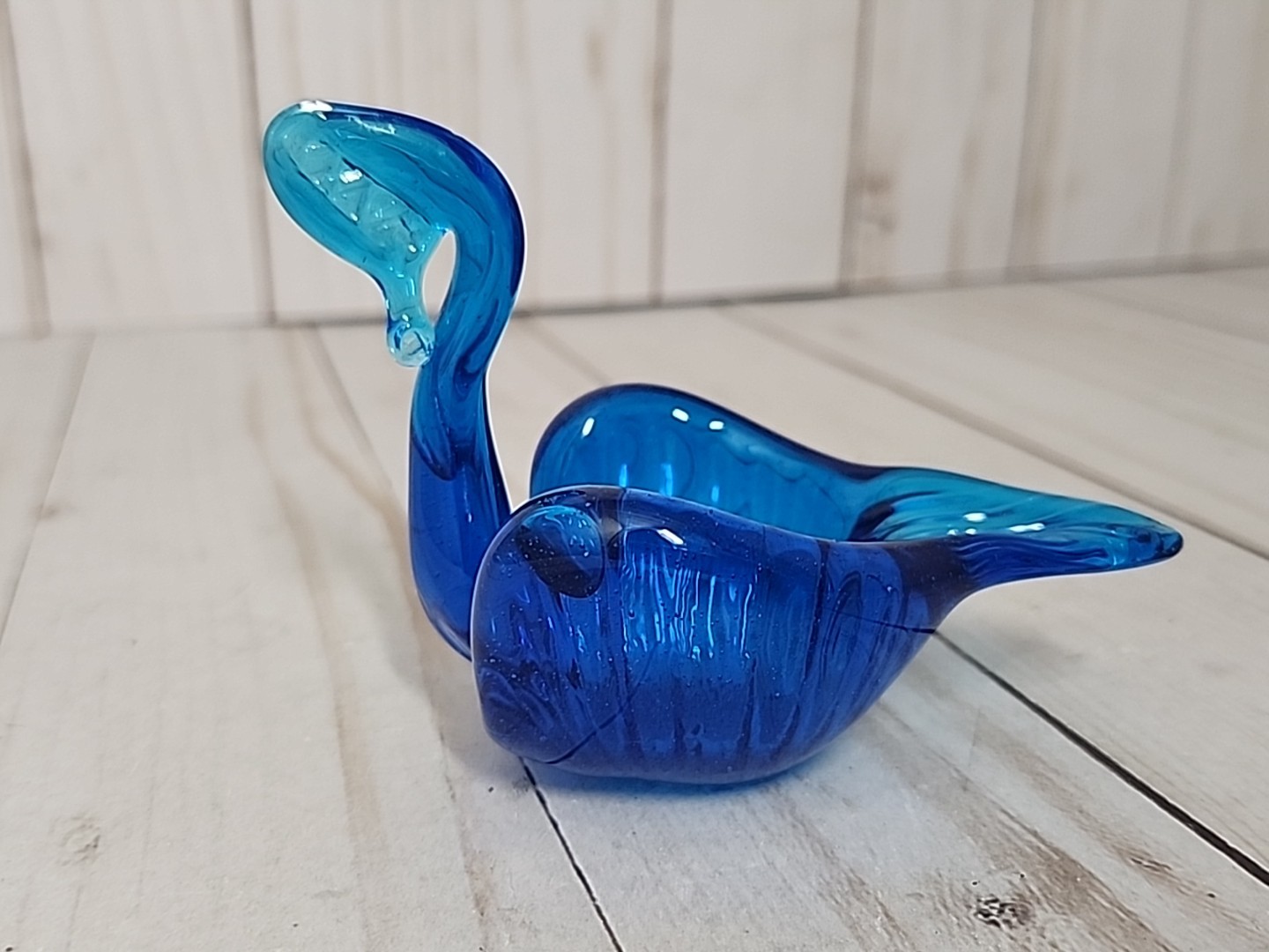 VTG Blue Glass Swan Trinket Candy Dish Bowl 3.5” long Mid Century Modern