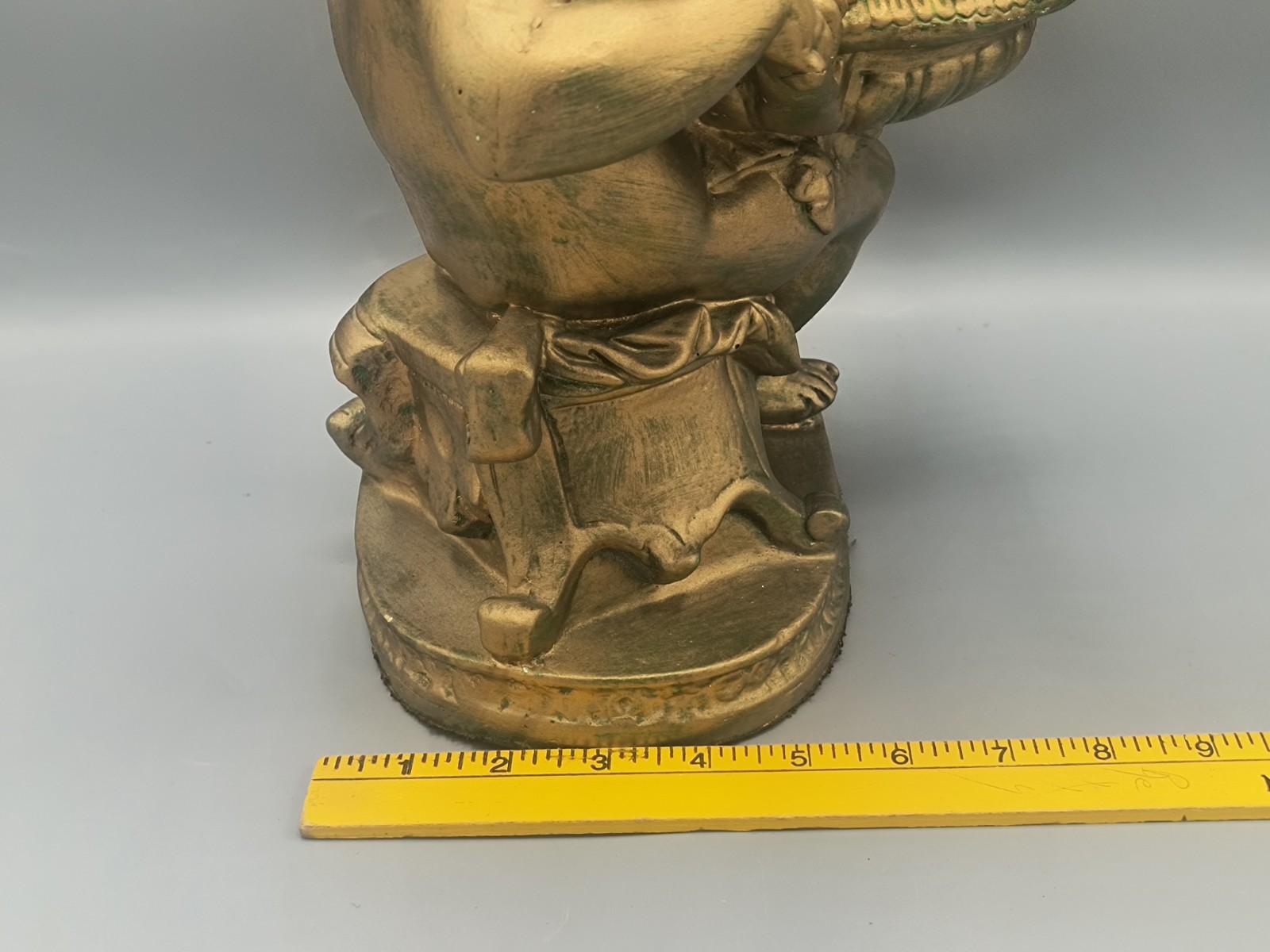 Vintage Plaster Cherub Statue 12″ Antique Gold Pained w/Fruit Bowl Lucite Grapes